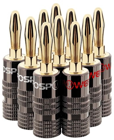 FosPower Bananenstecker für Lautsprecherkabel, 24K Vergoldet - 5 Paare | High-End Audio Kabelschuhe Lautsprecherstecker für Wandplatte und Subwoofer. Set mit 5 Roten und 10 Weißen Anschlüssen