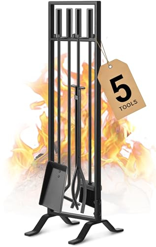 Gtongoko Premium 5 Pcs Wrought Iron Fireplace Tools Set for Outdoor/Indoor,Fire Place Set Tools Include Poker,Tongs, Shovel,Brush and Stand Accessories Set,Black