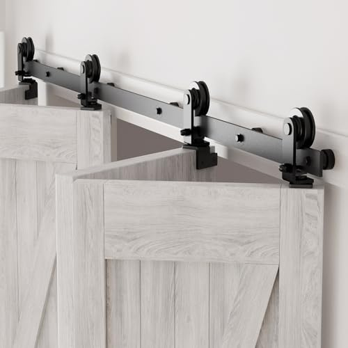 274 cm/9 fot dubbelvikt skjutdörrsbeslag skjutdörrar skjutdörrsystem komplett set löpskena hjul set svart för 4 trädörr 67 cm toppmonterat t-hjul