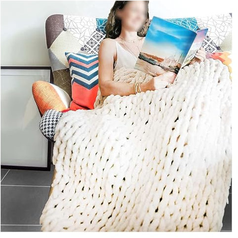 GAOSHI Grobstrick Decke, Handgefertigt Strickdecke Grob Kuscheldecke Wolldecke Strickdecke Tagesdecke Überwurf Decke Zuhause Dekor Geschenk (Color : Blanc, Size : 100x150cm)