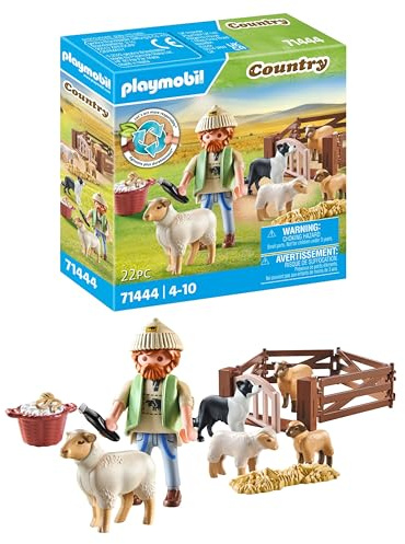 Playmobil 71444 Berger avec Moutons - Country - avec 5 Animaux et 1 Personnage - Jouet fabriqué avec Plus de 80% de matériaux recyclés ou biosourcés en Moyenne. Dès 4 Ans