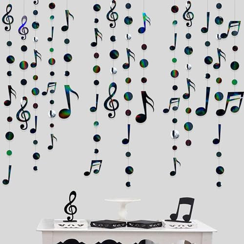 Musik-Party-Dekorationen, schwarz, schillernd, Musiknoten, gepunktet, Girlande, Musiknoten, Ausschnitte, Streamer für Musik, Konzert, 50er-Jahre-Motto, Geburtstag, Hochzeit, Junggesellinnenabschied