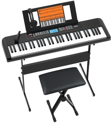 61 Key Keyboard Piano, Portable Electric Piano Keyboard w/LCD Screen, Built-In Speakers, Headphones, Stand, Stool, Music Rest, Microphone, 300 Timbres, 300 Rhythms