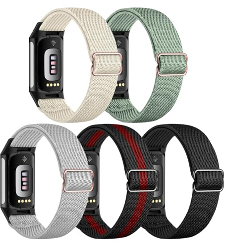 Gugobit 5-pack, elastiskt armband, kompatibelt med Fitbit Charge 6/Fitbit Charge 5-armband, justerbara och mjuka sportarmband som andas för Fitbit Charge 6/Fitbit Charge 5, dam och herr