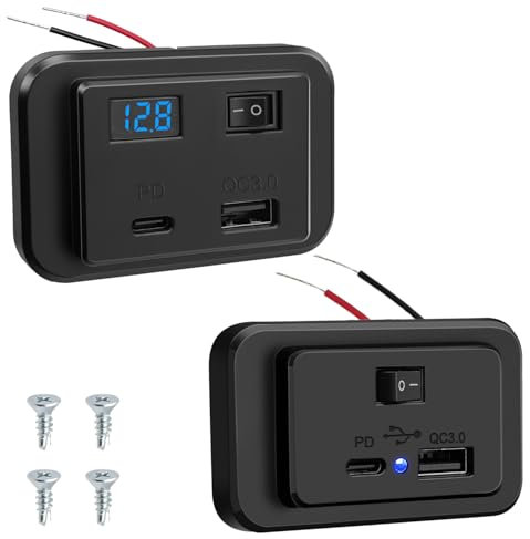 Hoembpn 12V Prise de Chargeur USB C de Voiture avec Interrupteur et Voltmètre LED 40W PD2.0+QC3.0,DC12V-26V Panneau de USB Charge Rapide Adaptateur pour Bateau Camping Car Moto Camion Accessoire