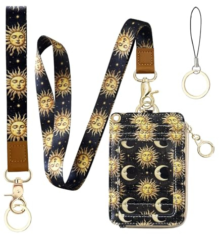 bolimoss 2-in-1 Ausweishalter und Schlüsselband, Geldbörse, Sonnenmond-Schlüsselband mit einziehbarer Ausweisrolle, 2-seitiger Leder-Reißverschluss, Münzfach, mehrere Kartenfächer, Schnellverschluss