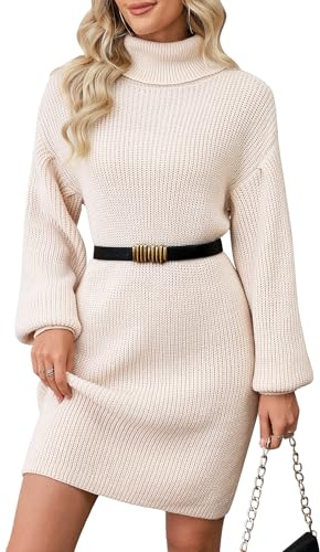 ZLIGXEA langärmeliges Kleid Bodycon kurzes Kleid Strickkleid Rollkragen süße Outfits Einfarbige Rundkragen Aprikose S