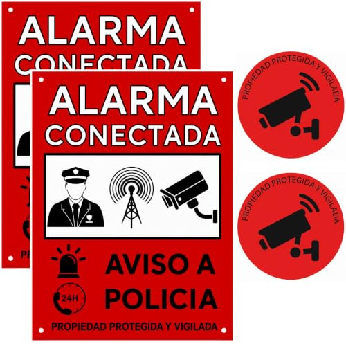 Pack 2 Carteles de Alarma Conectada PVC 15x20 cm + 2 Pegatinas | Kit disuasorio para vivienda, negocio, garaje y comunidad. PVC para exterior e interior con adhesivos para cristal