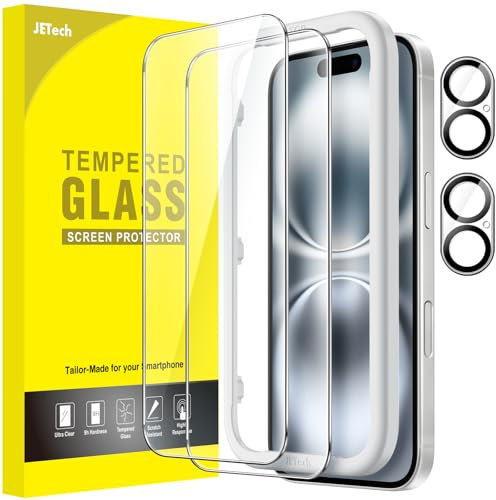 JETech Protector de Pantalla para iPhone 16 6,1 Pulgadas con Protector de Lente Cámara, Marco de Instalación Fácil, Cristal Vidrio Templado, HD Clara, 2 Paquetes Cada Uno