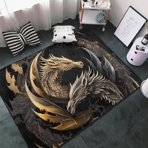 Alfombras de metal vintage con diseño de dragón para sala de estar, dormitorio, lavable, suave, 3 x 5 pies, antideslizante, decoración estética de 60 x 39 pulgadas