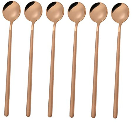 PHENOFICE 6pcs Long Handle Dessert Spoons Round Stainless Steel Teaspoons Gold Plated for Measuring Coffee Tea Sugar