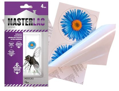 MASTERLAC - Insecticide anti-mouches adhésif - Fleur - 4 unités - Insecticide décoratif pour fenêtres - 1 adhésif protège 6 mois - Les mouches meurent loin du piège - Avec du dinotéfuran - Efficacité