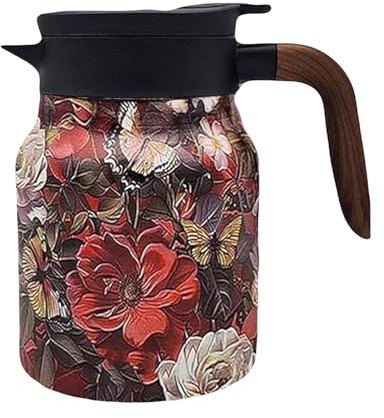 Tee Thermoskanne Mit Vintage Blumenmuster, 1000 Ml Isolierte Vintage Teekanne Mit Integriertem Tee Ei, Edelstahl Thermokaraffe Mit Deckel Für Heißgetränke, Wasserkocher, Teekanne