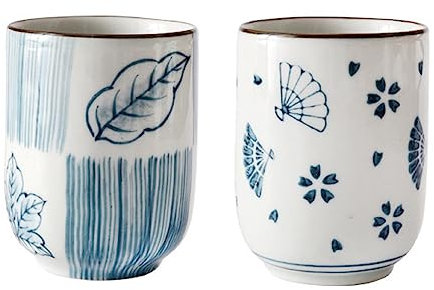 Juego de 2 tazas de té de cerámica hechas a mano de estilo japonés vintage de porcelana floral de 150 ml, taza de café hecha a mano sin asa