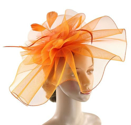 Mesh Federn Fascinator Hüte für Damen Fascinator Hut Flower Mesh Feather HairClip Fascinator Damen Karnevalshut Hochzeit Feder Fascinator Damen Haarschmuck Mesh Fascinator Hut Party (Orange, One Size)