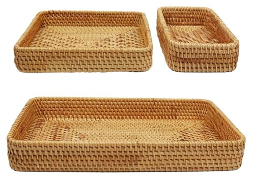 Suerhatcon 3er-Set Rattan Serviertablett Gewebtes Obstkörbe | Rechteckige Aufbewahrungskorb Dekotablett für Badezimmer Wohnzimmer Küche