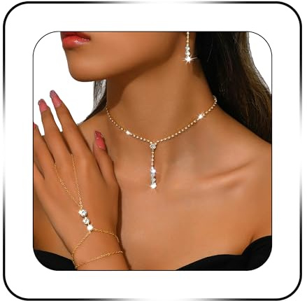SAWINDA Gold Rhinestone Jewelry Set Teardrop Dangle Necklace Earrings Bracelet Set Sparkly Crystal Bride Hand Chains Prom Party Wedding Jewelry Accessories for Women