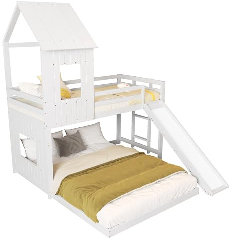 Azkoeesy Litera Infantil con Tobogán (90 x 200 y 140 x 200) - Cama Familiar en Forma de casa con somier/anticaídas para niños y Adultos, Cama de Invitados, Cama Juvenil, Madera de Pino, Color Blanco