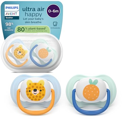 Philips Avent Ultra Start Ciuccio - Design ortodontico, per neonati 0-6 mesi, tettarella simmetrica in morbido silicone, senza BPA, con custodia per la sterilizzazione, confezione da 2, SCF080/23