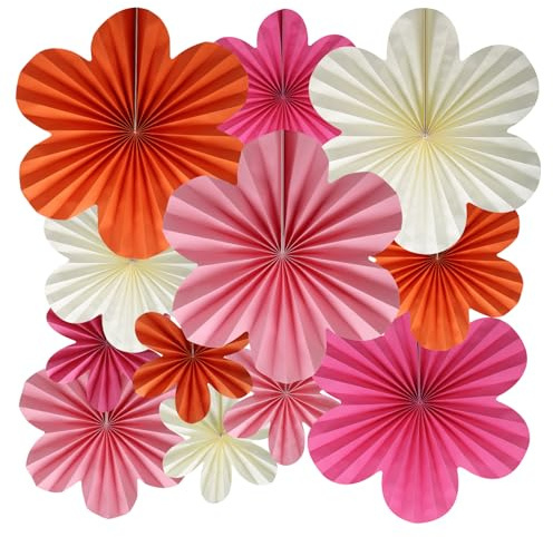 BestoFun 12 PCS Paper Flowers Fans Pink and Orange Party Decorations Paper Flowers Decorations for Wall Girl Groovy Birthday Baby Shower Wedding Bachelorette Room Hanging Décor