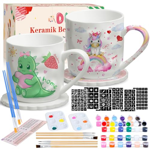 FTUREERA Keramik Bemalen Set, Tassen Bemalen Set DIY Tassen Malset Enthält 2 Tassen 2 Untersetzer 12 Farben Pigment Pinsel Farbtablett Aufkleber und Anleitung zum Malen für Zuhause Erwachsene Kinder