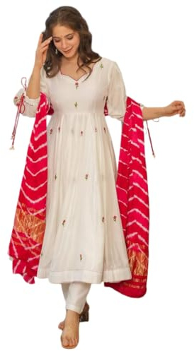 The Red Lion Enterprise Women's White Chanderi Flared Anarkali Kurti Set with Pant and Lagdi Patta Dupatta for Festive Wear, Off-white, XXL