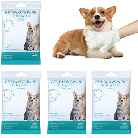 Tulov 4-pack/24 stycken handskar för husdjur, tvätthandskar engångs, rengöring och deodoriserande pälsvårdshandskar, hundhanddukar för daglig kroppsvård, pälsvårdshanddukar för katter