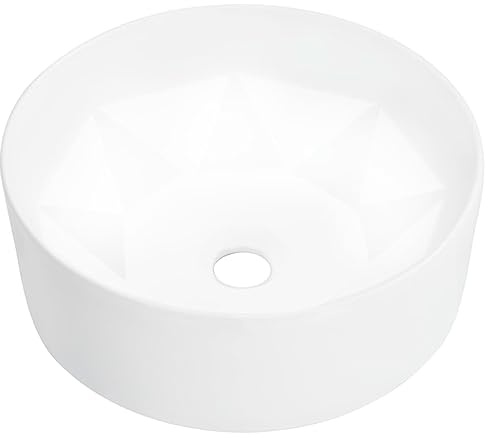 QJBSAVVA Lavabo rotondo in ceramica, 36 x 14 cm, colore bianco, design a diamante, superficie lucida, facile da pulire, moderno lavabo da appoggio per bagno, lavanderia e stanza del trucco