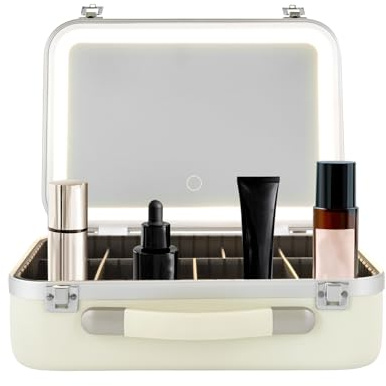 Organizador de maquillaje maletín de maquillaje 34 x 24 x 12 cm, almacenamiento de cosméticos con espejo LED, luz ajustable y batería de 2000 mAh, práctica bolsa de viaje para el orden y la eficiencia