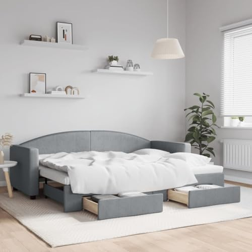 YuuSsea Utdragbar dagsäng, med lådor, ljusgrått tyg 80 x 200 cm, 2-i-1 bäddsoffa för gästrum, robust sängram med lagringsutrymme