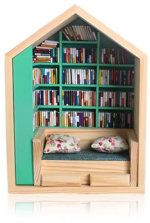 Mini Bibliothèque Décorative contre l'Anxiété, Bibliothèque Miniature avec 200pcs Petits Livres, Anxiety Bookshelf, Boîtes Livres Miniatures pour Décoration de Maison/Salon/Bureau -27*19*11cm (Vert)