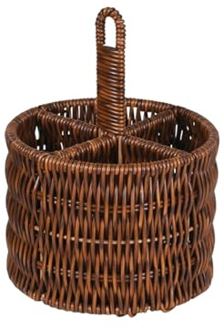 Lumeraa Hand-woven Rattan Cutlery Basket with 4 Compartments & Carry Handle | Round Utensil Holder for Dining Table, Coffee Table, Kitchen Storage | Organiser for Cutlery, Condiments (5.91 * 8.27in)