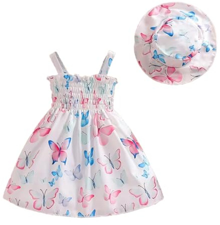 Eqenkely Bebé Niña Elegante Vestido Infantil Flor Imprimir Tirantes Sombrero a Juego Conjunto Vestidos de Playa Verano 3 Meses-3 Años Blanco 3-6 Meses