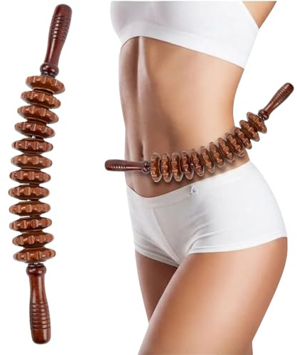 Faszienstab Holz Massageroller, Faszienrolle Massagegerät Mit Griff | Anti-Cellulite Massagegerät, 44cm(17in), mit 12 Massagerollen, Maderotherapie Roller für Körper Bauch Oberschenkel