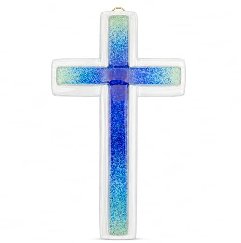Lunexus Glaskreuz Wandkreuz 20,5 cm Blau Grün Handgefertigt Taufe Kommunion | Handgefertigt aus Glas, gesprenkelte Blau- & Grüntöne - mit Zertifikat - für Mädchen & Jungen - zu Taufe, Kommunion, Firmung