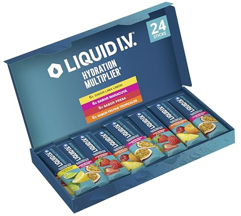Liquid I.V. Hydration Multiplier Mezcla de Electrolitos en Polvo Pack Variado, Lima-Limón, Maracuyá, Fresa, Frutas Tropicales, Vitaminas y Minerales para una Rápida Hidratación, 24 Sticks