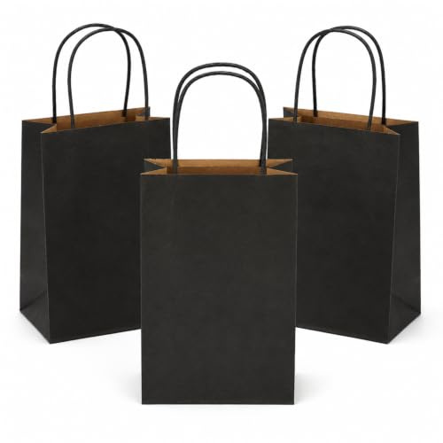 Ronvir 50Pcs Gift Bags 14x8x21cm, Small Black Paper Bags With Handles Multipack for Party, Birthday, Shopping, Goodie, Treat, Graduation, Wedding, Halloween, Christmas