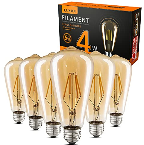 LUXON LED Edison Bulbs Dimmable Amber Glass Warm 2700K Antique Vintage Style Filament Light Bulbs 40W Equivalent E26 Base 6-Pack