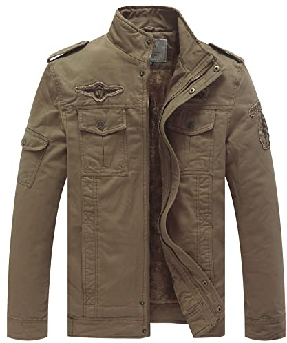WenVen Herren Klassisch Militär Jacke Stehkragen Mäntel Baumwolle Jacke Mode Lang Jacke Kahki M