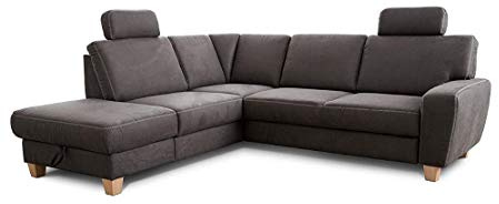 Cavadore Ecksofa Wisconsin mit Vorziehsitz / Eckcouch mit Federkern in Lederoptik / Inkl. 2 Kopfstützen + Bettkasten / Landhausstil / Holzfüße in Buche / 248 x 88 x 218 cm / Dunkelgrau
