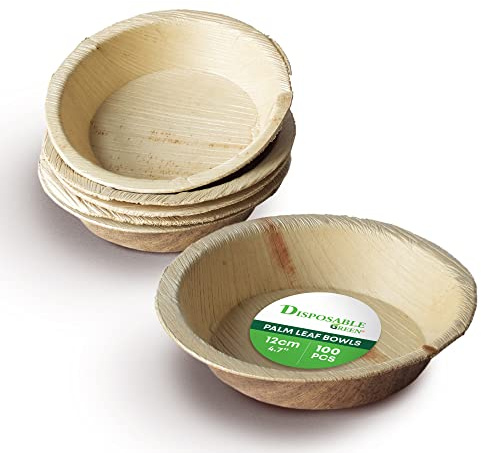 DISPOSABLE GREEN Round Disposable Areca Leaf Serving Bowls - Perfect for Parties, Weddings & Catering. Ideal for Hot & Cold Food, 12cm Round x 2.5cm Deep, 100-Pcs