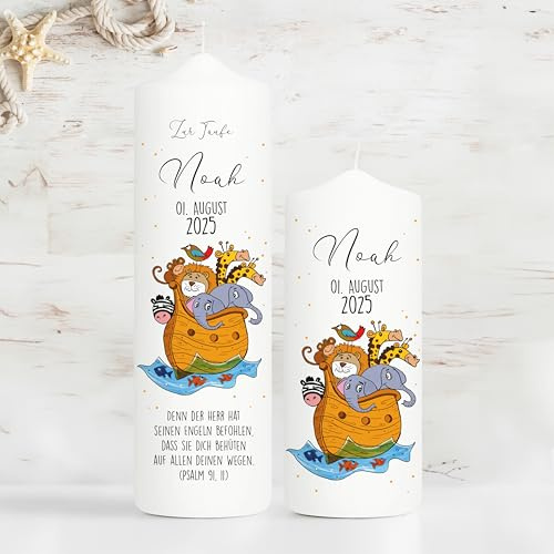 Wandtattoo Loft Taufkerze + Patenkerze Motiv Boot Arche Noah Tiere- Kerze zur Taufe, Geburt oder Kommunion – weiß 25 x 7 cm mit Name, Datum,