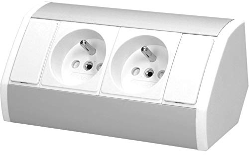 ORNO GM-9005/W-G hörnuttag 2-fack med barnsäkring, 45° monteringsmontering, 3680 W, typ E franskt uttag, för kök, kontor och bänkskiva vit