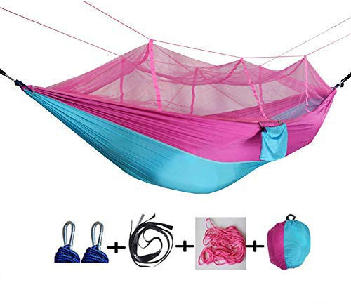YMZCamping Hängematte mit Moskitonetz, leicht, tragbar, Doppelschlafsack, 300 kg Tragkraft, Reise-Hängematte für Outdoor, Garten, Wandern, Rucksackreisen, Picknick, rosa, blau