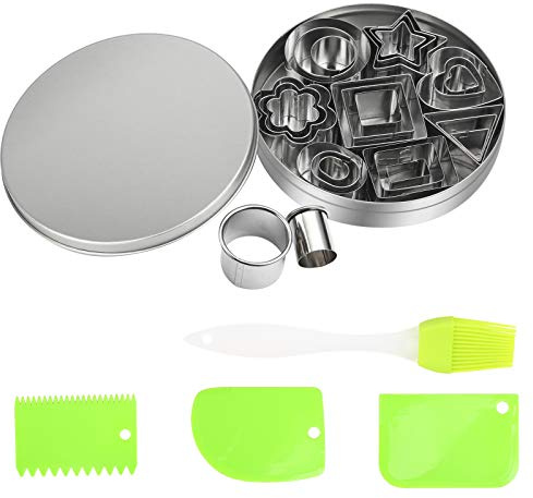 LAMEK 24pcs Mini Cookie Cutters,Stainless Steel Biscuit Cutter Molds Set Triangle Round Oval Flower Heart Rectangle Square Pentagram with Cutting Scraper Silicone Brush for DIY Baking Pastry