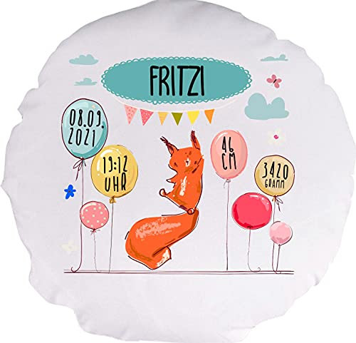 Kleckerliese Baby Kinder Kissen Personalisiert Kissenhülle Tiere Eichhörnchen Balon Wolken Name Geburt Datum Uhrzeit Gewicht, 40 cm Farbe Weiß mit Füllung