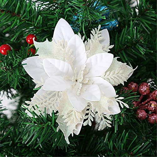 SWECOMZE 12 Stück Glitter Weihnachtsbaumschmuck Weihnachten Blumen Ornament Weihnachten Dekor, Christbaumanhänger 14cm (Weiß)