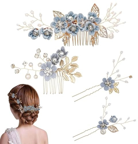 4 Stück Haarschmuck Hochzeit,Kristall Perlen Brautschmuck Haarkamm,U-förmig Haarspangen Strass,Blumen-Hochzeits-Haarkamm,für Braut und Brautjungfer