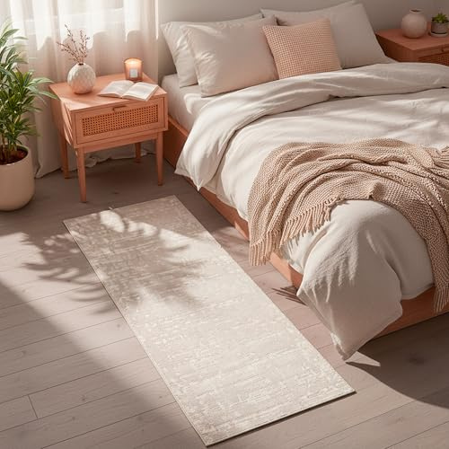 Kurzflor Teppich Laufer Wohnzimmer Weiß 80 x 300 cm, Moderner Kurzflor Teppich, Super Soft
