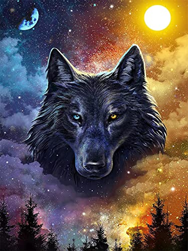 Meecaa Diamond Painting Set Full Bilder Wolf Wald Mond Tier sternenklarer Himmel, 5D Diamant Painting Diamant Malerei mit Zubehör 30x40cm (Wolf)